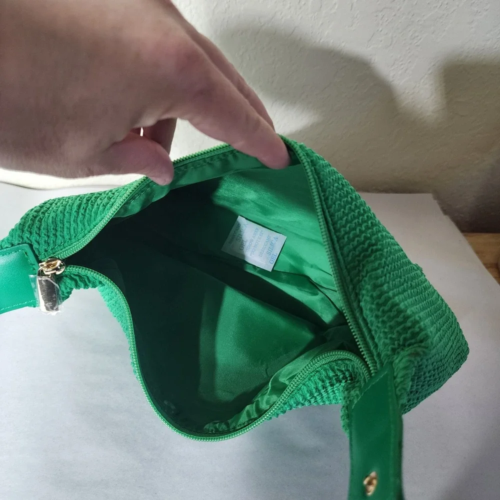Kate Spade New York Green Textured Seersucker Convertible Hobo Handbag Pouch